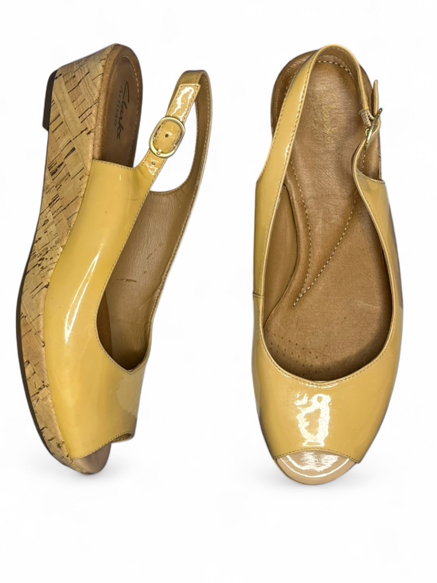 Clarks - Jimmy Choo Style - Patent Leather Praise Cork Slingback Wedge Sandals